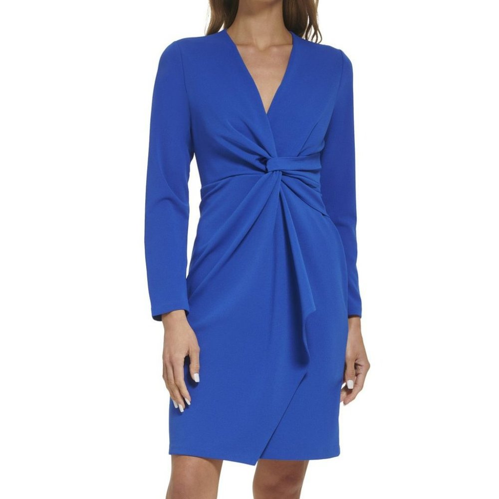 Cobalt Ruffle Knot-Front Long-Sleeve Sheath Dress